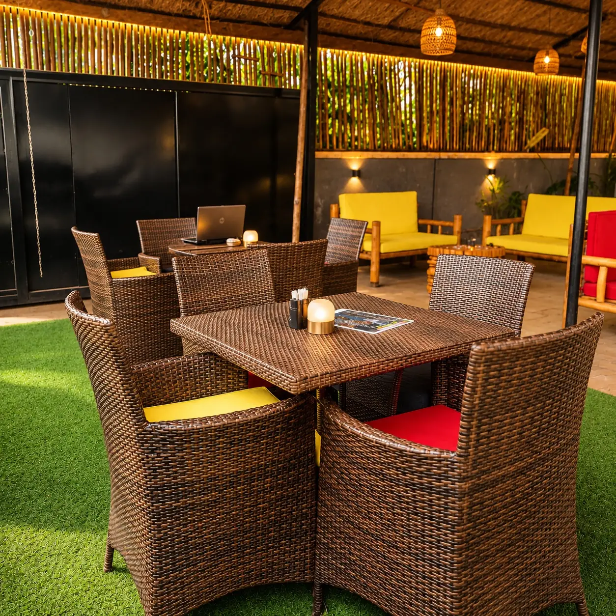 Outdoor lounge and seating at NOAZ Hotel Kampala